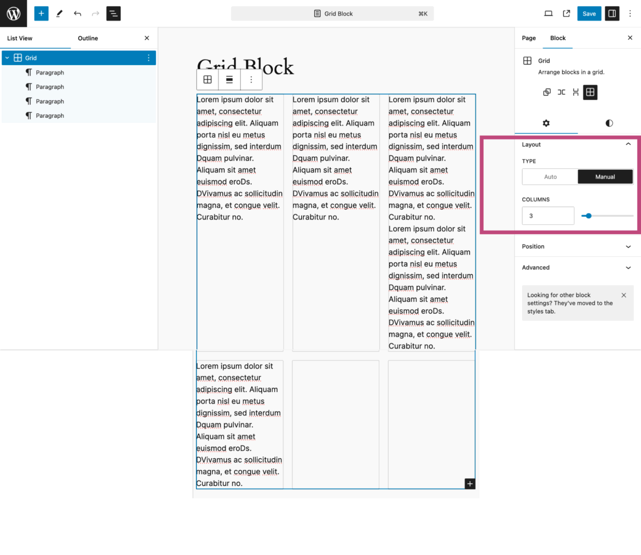 Configuring the amount of columns for the grid block
