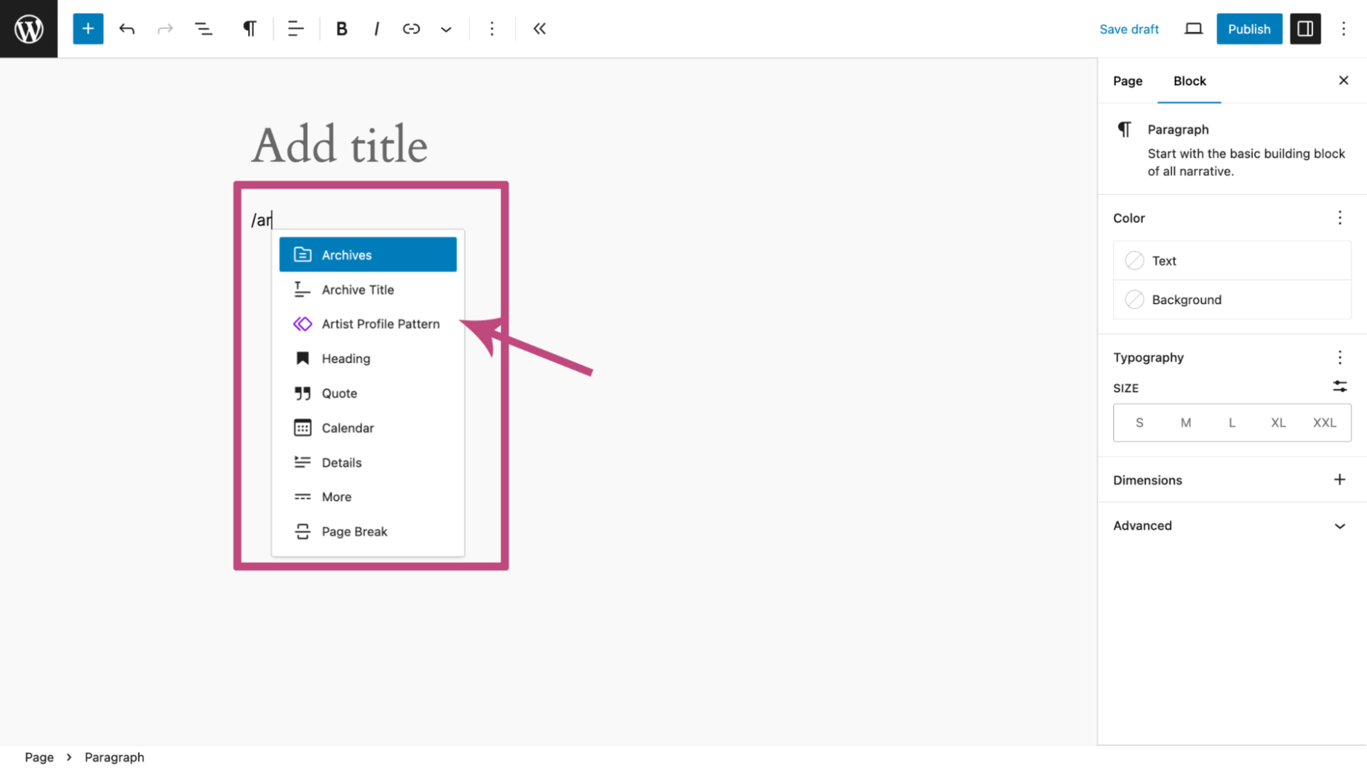 Inserting the artist profile pattern on the editor interface