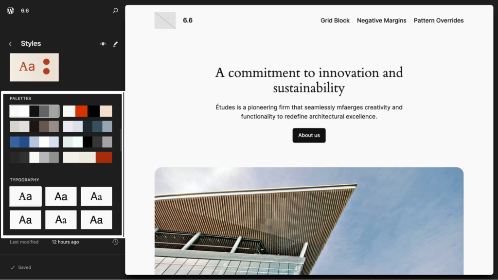 Style palette options in the Site Editor
