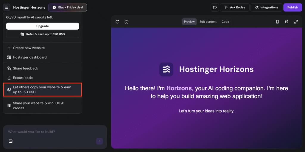 Let others copy your website highlighted in Hostinger Horizons.