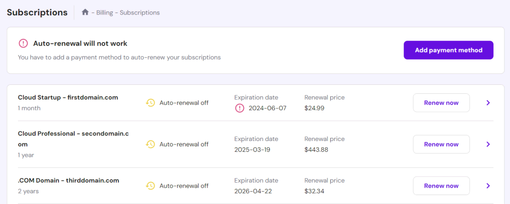 Ga in hPanel naar Facturering → Abonnementen. Verleng abonnement.