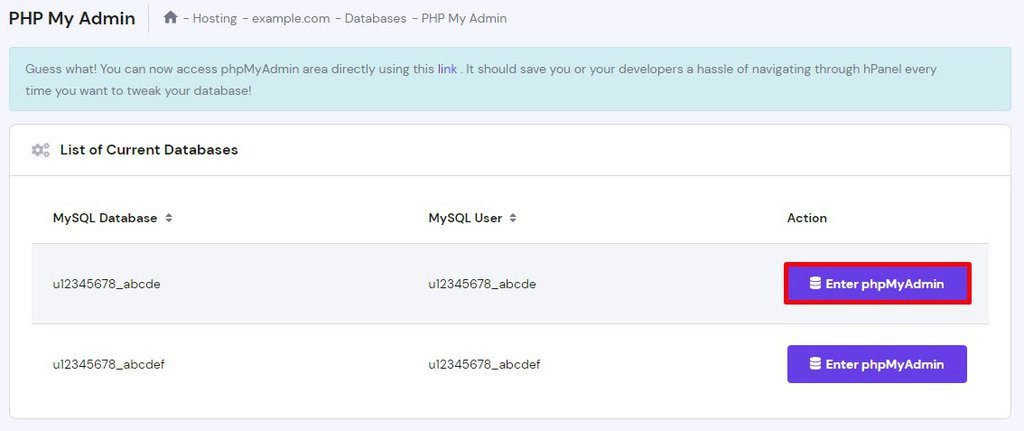 Ga terug naar het hPanel dashboard. Klik op Enter phpMyAdmin.

