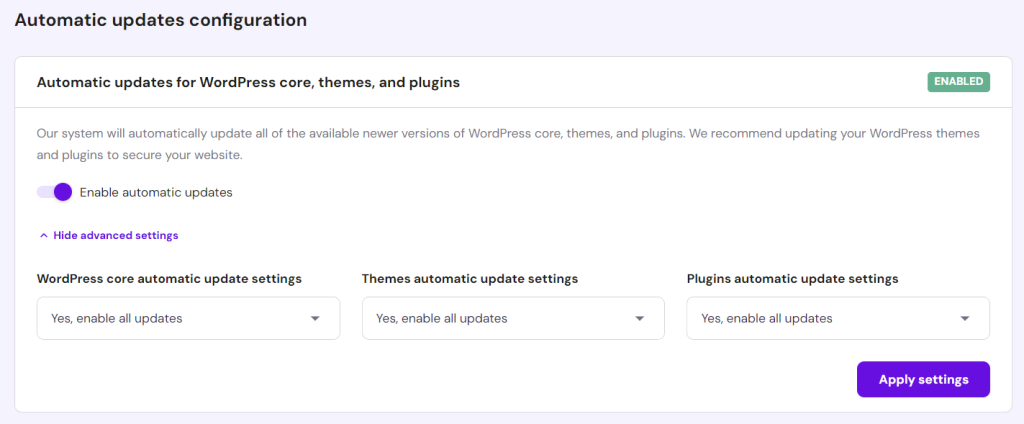 Automatische updates voor thema's en plug-ins inschakelen.