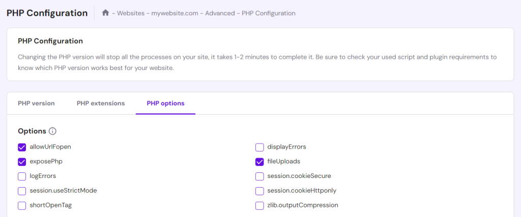 Ga naar Websites → Geavanceerd → PHP Configuratie in het hPanel dashboard. Open het tabblad PHP-opties om de PHP-configuratie-instellingen van je website te bekijken.
