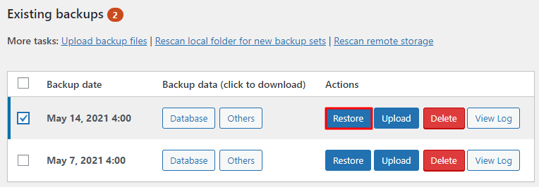 erreur-critique-sur-ce-site-web Restauration des fichiers de sauvegarde à l'aide de l'extension UpdraftPlus.