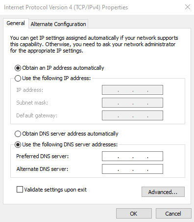 The Internet Protocol Version 4 (TCP/IPv4) Properties dialog in Windows