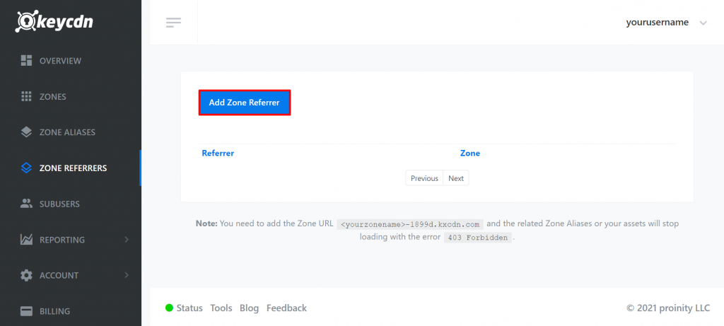 KeyCDN, highlighting Add Zone Referrer