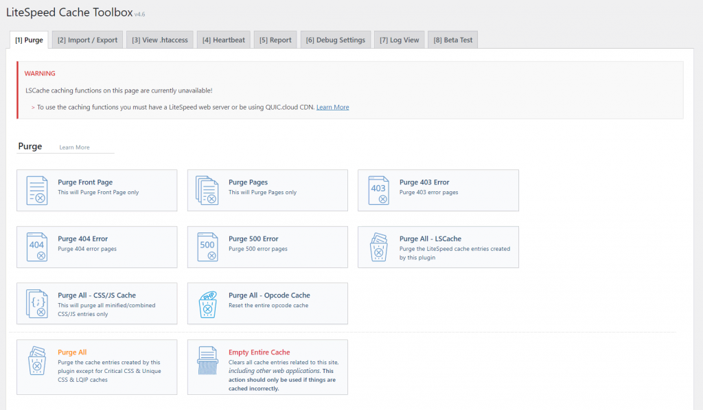 plugin-de-cache-wordpress La section Boîte à outils de LiteSpeed Cache affiche diverses options d'effacement de cache.