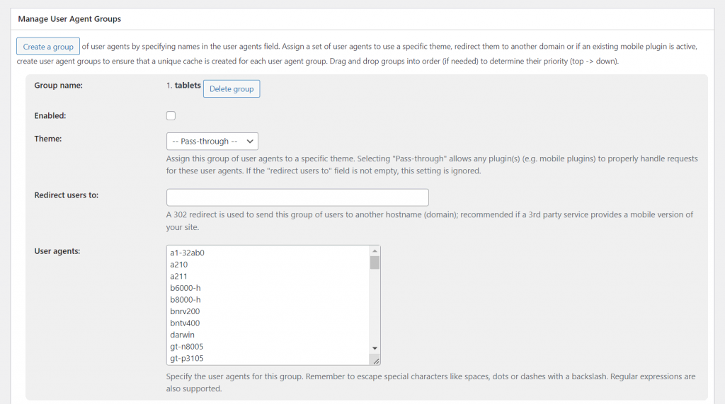 plugin-de-cache-wordpress Section "Manage User Agent Group" de W3 Total Cache