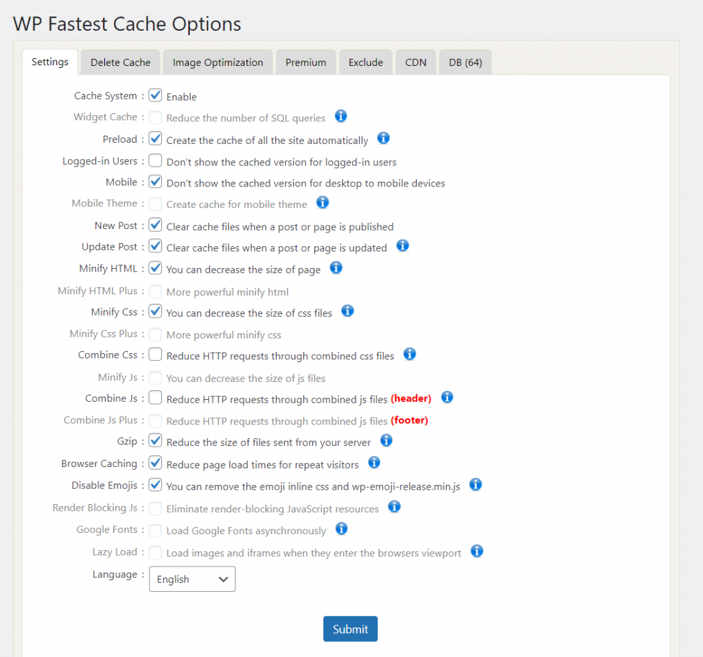 plugin-de-cache-wordpress Les paramètres de mise en cache de WP Fastest Cache consistent en des cases à cocher accompagnées d'explications
