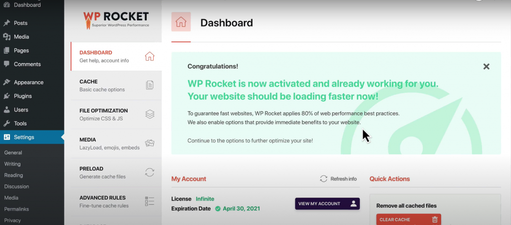 plugin-de-cache-wordpress Le tableau de bord de WP Rocket propose des fonctionnalités de configuration pour le cache, l'optimisation des fichiers, les médias, le préchargement et les règles avancées.