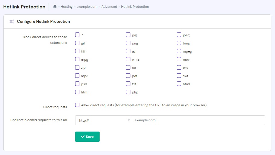 The Hotlink Protection menu on hPanel