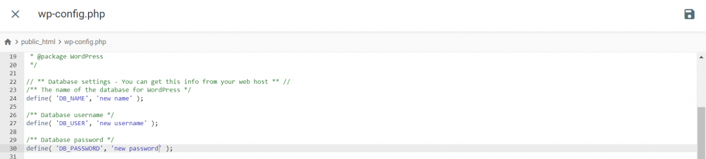 Les lignes du fichier wp-config.php dans le gestionnaire de fichiers de WordPress.