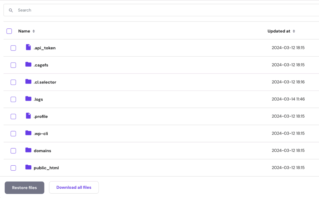 Available folders to back data from in hPanel