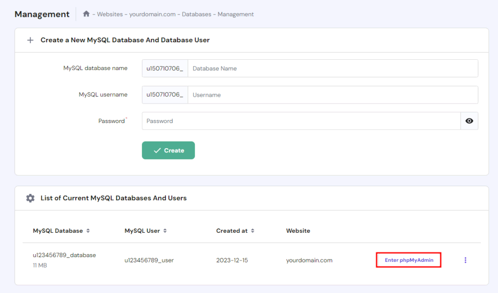 The database management section in hPanel
