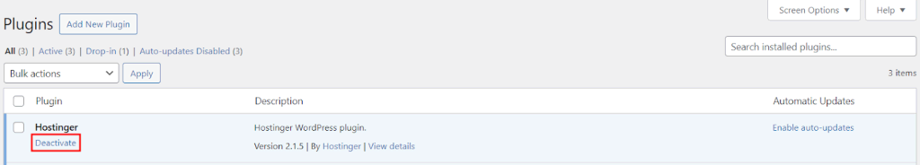 The Plugins section in the WordPress dashboard, with the Deactivate button highlighted in red